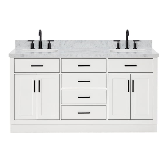 DKB Isabella 66" White Double Bathroom Vanity, 1.5" Edge Italian Carrara Marble Countertop, Rectangular Undermount Sinks, 4 Soft Closing Doors, 6 Full Extension Dovetail Drawers