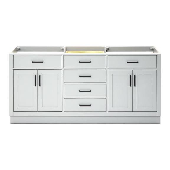 DKB Isabella 72-Inch Grey Double Bathroom Vanity Base, Solid Wood, Dual Sink Cabinet, 4 Soft Closing Doors, 6 Full Extension Dovetail Drawers, Toe Kick, Matte Black Hardware – Vanity with Sink Option