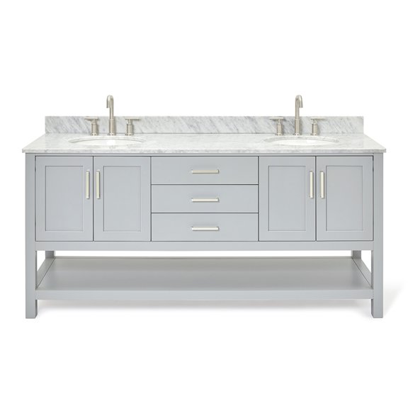 DKB Olivia 73" Grey Double Bathroom Vanity, Italian Carrara Marble Countertop, Double Oval Under-Mount Sinks, 4 Soft-Closing Doors, 3 Dovetail Full Extension Drawers, Open Shelf