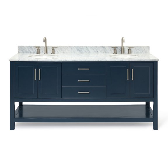 DKB Olivia 73" Midnight Blue Double Bathroom Vanity with Sink, Italian Carrara Marble Countertop, Oval Undermount Sinks, 4 Soft Closing Doors, 3 Dovetail Drawers, Open Storage Shelf
