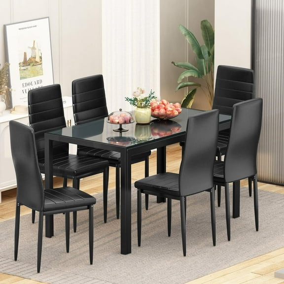 DKLGG 7 Piece Kitchen Dining Table & Chair Set, Rectangle Dining Room Table Set for 6,Tempered Glass Kitchen Table with 6 PU Leather Padded Chairs, Black