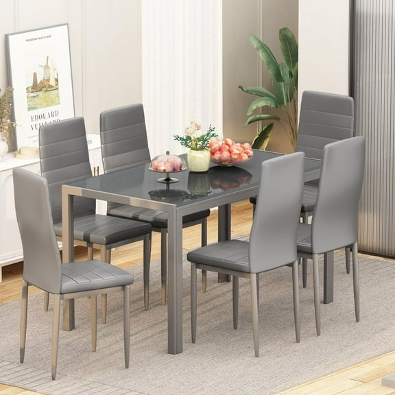 DKLGG 7 Piece Kitchen Dining Table & Chair Set, Rectangle Dining Room Table Set for 6,Tempered Glass Kitchen Table with 6 PU Leather Padded Chairs, Gray