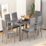Cvortll Dining Table Set for 6, Tempered Glass Kitchen Table Sets with Chairs, 7-Pieces Modern Dining Room Set for Small Space, Apartment, Grey