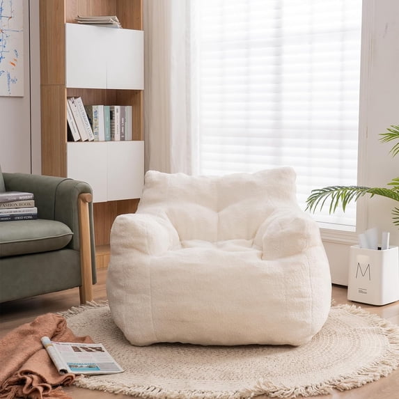 Cvortll Adult Bean Bag Chair, Tufted Plush Lazy Sofa with Memory Cotton Beans & Armrest for Bedroom Gaming Room Apartment, White