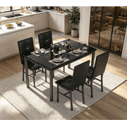 LinkRomat Dining Table Set for 4, Modern Faux Marble Tabletop and 4 PU Leather Upholstered Chairs, Kitchen Table and Chairs for Dining Room Breakfast Nook, Blac
