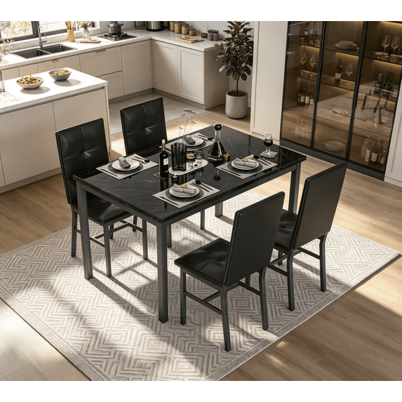 LinkRomat Dining Table Set for 4, Modern Faux Marble Tabletop and 4 PU Leather Upholstered Chairs, Kitchen Table and Chairs for Dining Room Breakfast Nook, Black