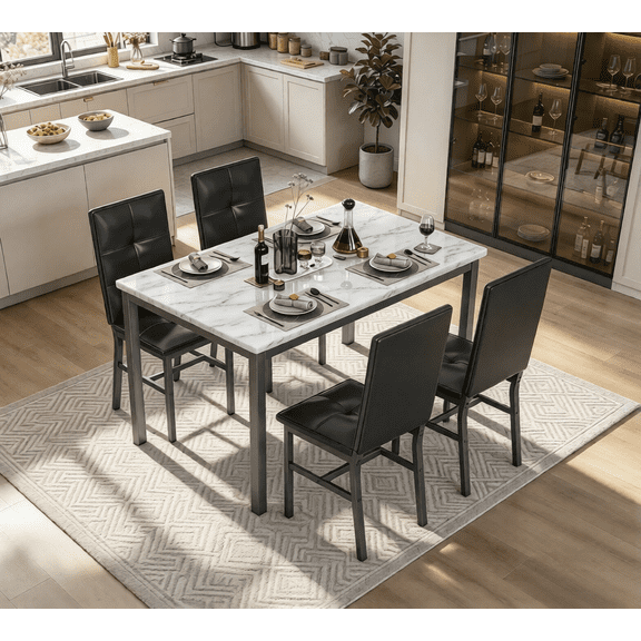 LinkRomat Dining Table Set for 4, Modern Faux Marble Tabletop and 4 PU Leather Upholstered Chairs, Kitchen Table and Chairs for Dining Room Breakfast Nook, White