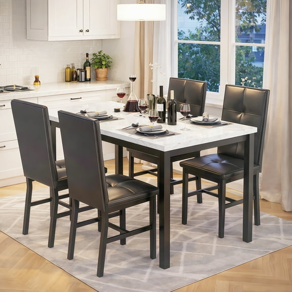 LinkRomat Dining Table Set for 4, Modern Faux Marble Tabletop and 4 PU Leather Upholstered Chairs, Kitchen Table and Chairs for Dining Room Breakfast Nook, White
