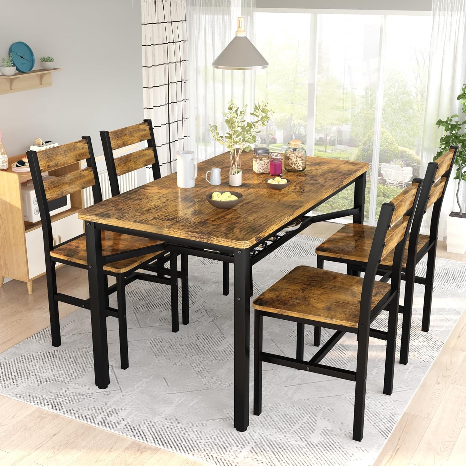 LinkRomat Dining Table Set for 4, Farmhouse Kitchen Table with 4 Wood Chairs, Dining Room Set for Breakfast Nook, Small Places, Restaurant, Brown