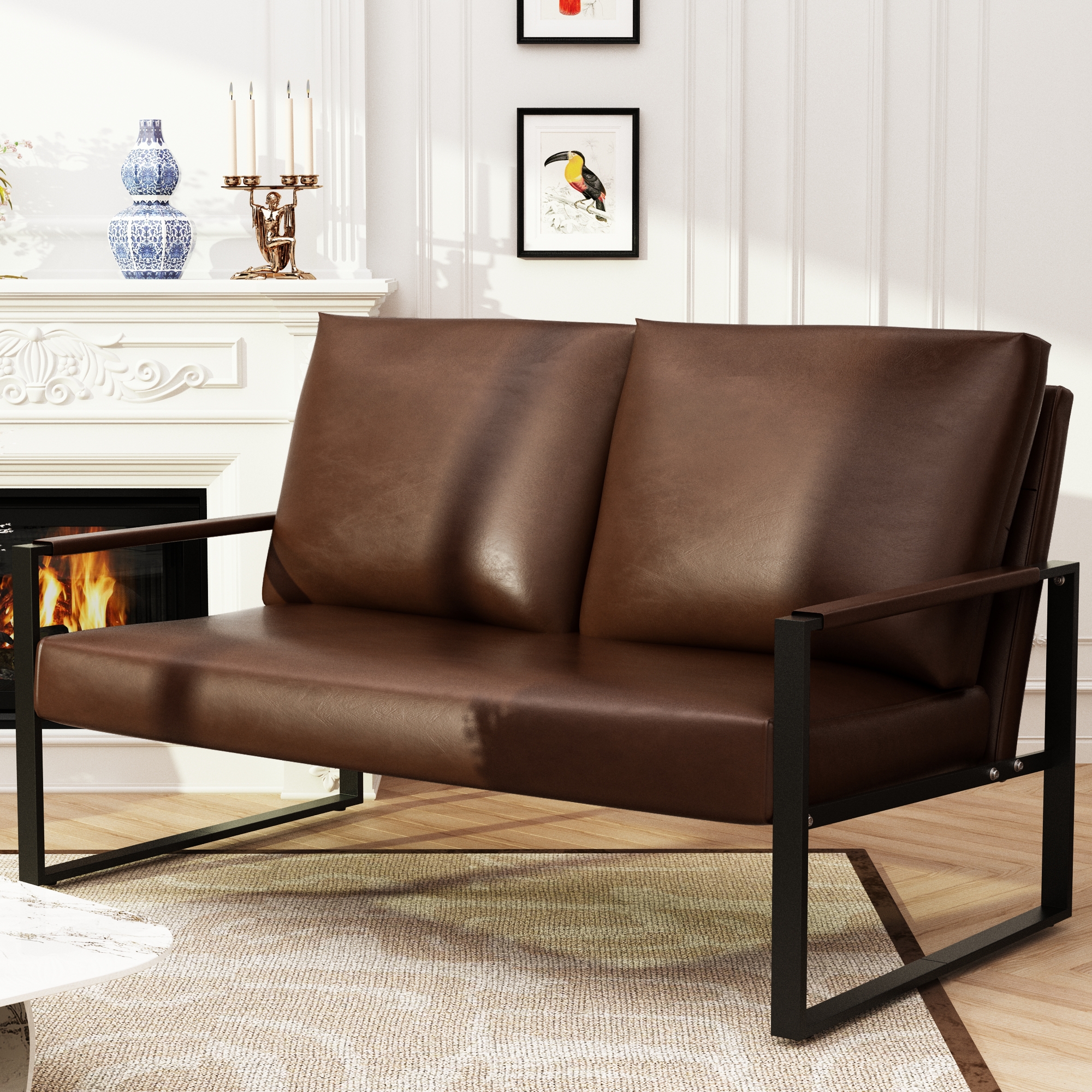 DKLGG Living Room Loveseats Sofa Couch, MidCentury PU Leather 2Seat Sofa with Metal Armchair