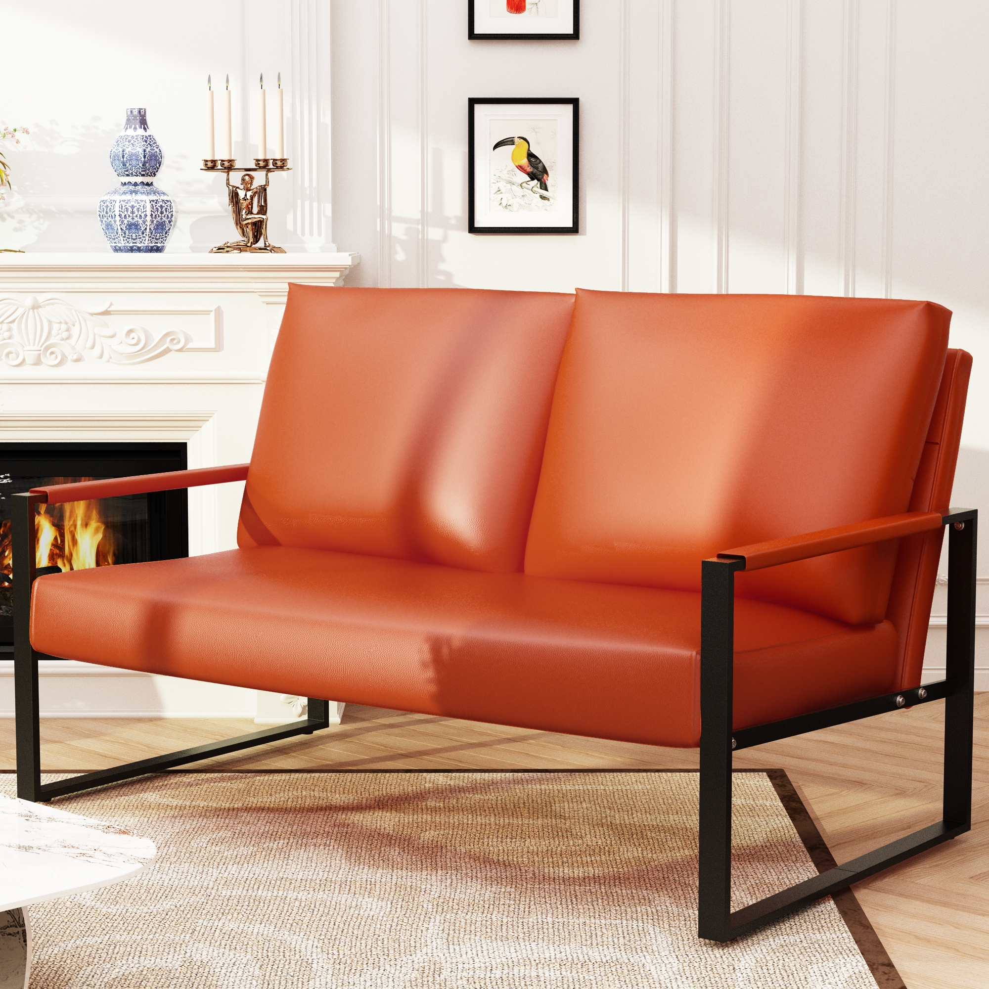 DKLGG Living Room Loveseats Sofa Couch, MidCentury PU Leather 2Seat