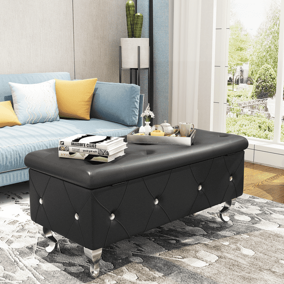 Cvortll Storage Ottoman Bench, 37" Stylish simplicity End of Bed Storage Bench with Button-Tufted & Flip Top Foot Rest for Bedroom, Living Room, Vanity Bench Seat, Black