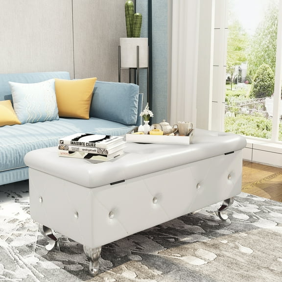 DKLGG Storage Ottoman Bench, 37" Stylish simplicity End of Bed Storage Bench with Button-Tufted & Flip Top Foot Rest for Bedroom, Living Room, Vanity Bench Seat, White
