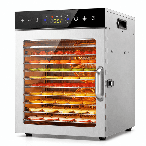 DKMOC 12 Tray Food Dehydrator Machine, 800W Stainless Steel Food Dryer with Digital Timer & Adjustable Temperature Control for Jerky, Fruits, Herbs, Meat, Includes Recipe Book