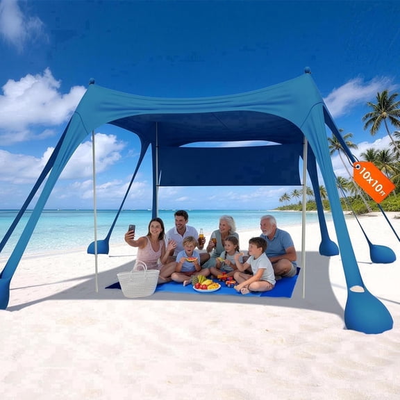 DKMOCO 10x10FT Beach Tent Sun Shelter with Sideshade, UPF 50  UV Protection Pop Up Beach Shade Canopy for Outdoor Camping Fishing Picnics with 8 Sandbags, 4 Stability Poles, Beach Mat, Navy Blue