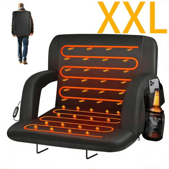 DKMOCO 25" Extra Wide Dual Side Heated Stadium Seats for Bleachers with Back Support, Folding Bleacher Seat with Storage Pockets for Outdoor Camping Games Sports,Black(No Battery)