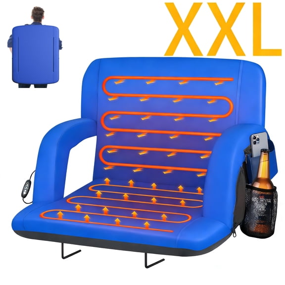 DKMOCO 25" Extra Wide Dual Side Heated Stadium Seats for Bleachers with Back Support, Folding Bleacher Seat with Storage Pockets for Outdoor Camping Games Sports,Blue(No Battery)
