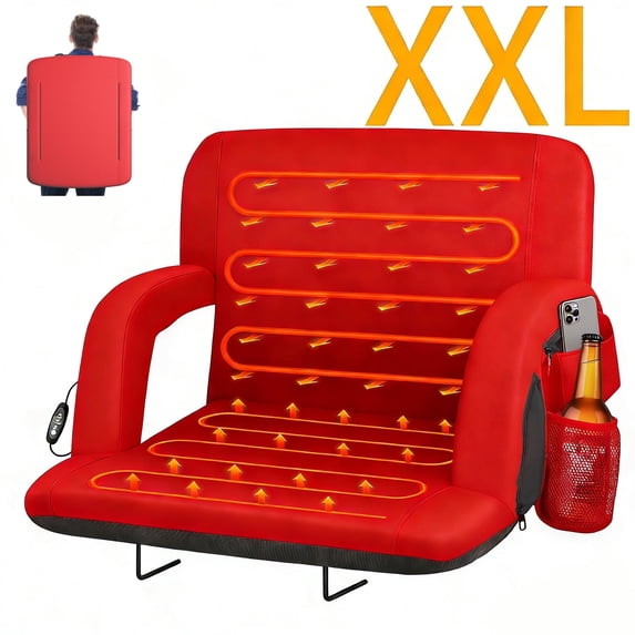 DKMOCO 25" Extra Wide Dual Side Heated Stadium Seats for Bleachers with Back Support, Folding Bleacher Seat with Storage Pockets for Outdoor Camping Games Sports,Red(No Battery)
