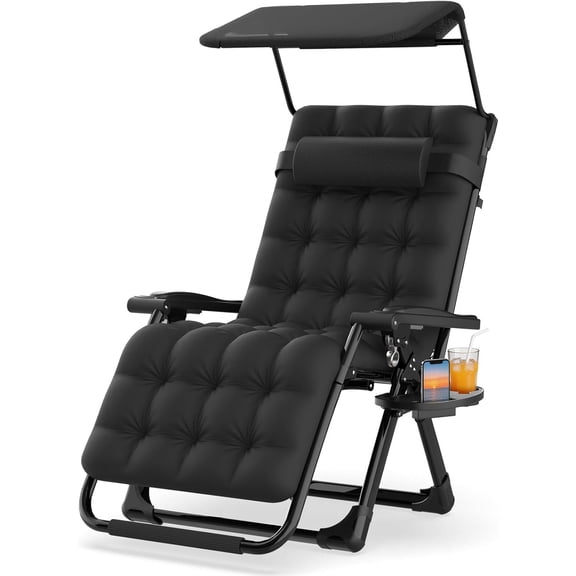 DKMOCO 26In Zero Gravity Chair with Canopy, Oversized Lounge Chair w/Removable Headrest&Cushion, Folding Patio Chairs Recliner for Indoor Outdoor, Black