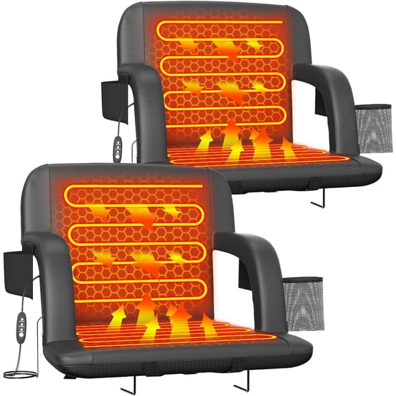 DKMOCO 2PCS 25" Extra Wide Dual Side Heated Stadium Seats for Bleachers with Back Support, Folding Bleacher Seat with Storage Pockets for Outdoor Camping Games Sports,Black(No Battery)