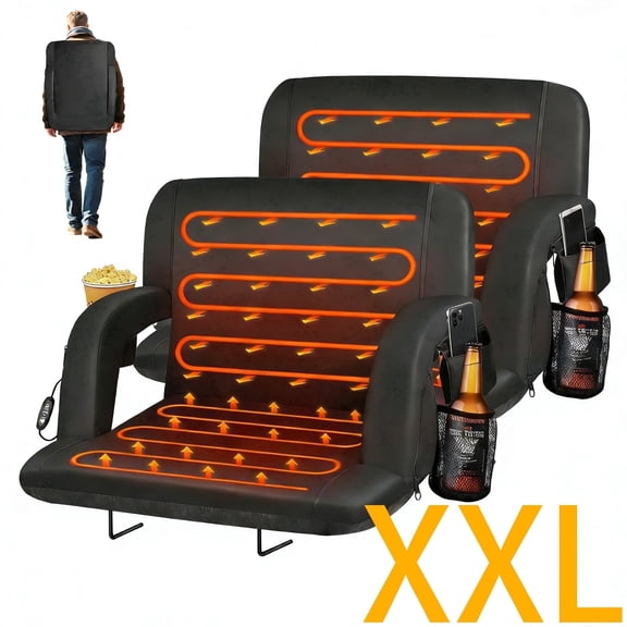 DKMOCO 2PCS 25" Extra Wide Dual Side Heated Stadium Seats for Bleachers with Back Support, Folding Bleacher Seat with Storage Pockets for Outdoor Camping Games Sports,Black(No Battery)