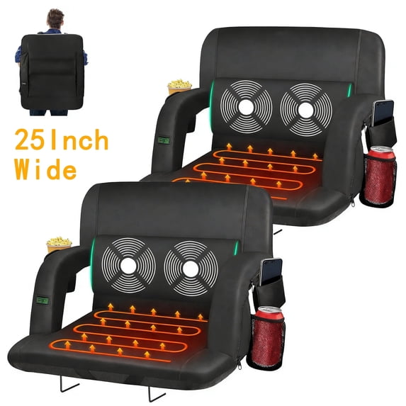 DKMOCO 2PCS 25" Extra Wide Heated Massage Stadium Seats for Bleachers with Back Support, Portable Stadium Chair with Armrest, for Outdoor and Events(WITHOUT BATTERY)