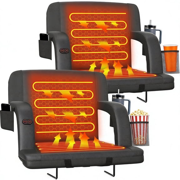 DKMOCO 2pcs 23" Dual-Sided Heated Stadium Seats for Bleachers with Back Support, 3 Levels Heating Bleacher Chair with Arm Rest, for Outdoor, Sports (Without Battery)