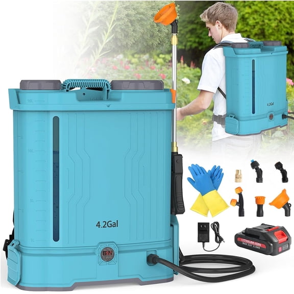 DKMOCO 4 Gallon Battery Powered Backpack Sprayer, 100 PSI Electric Graden Backpack Sprayer with 21V Rechargeable Battery and 6 Nozzles, Blue
