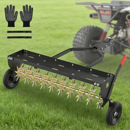 DKMOCO 40" Tow Behind Spike Aerator, Heavy Duty Rolling Lawn Aerator with 3D Steel Tines & Weight Tray and Folding Shovel for Lawn Garden Farm
