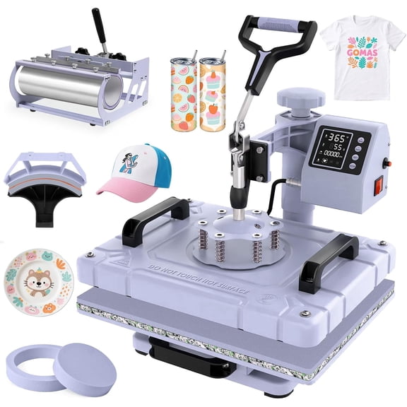 DKMOCO 5-in-1 Heat Press Machine, 12''x15'' Heat Transfer Sublimation with 30oz Tumbler Press, 360° Swing Away, Teflon-Coated Heat Plate, LED Digital Temp Control for Mugs Plate Shirt Cap, Lavender