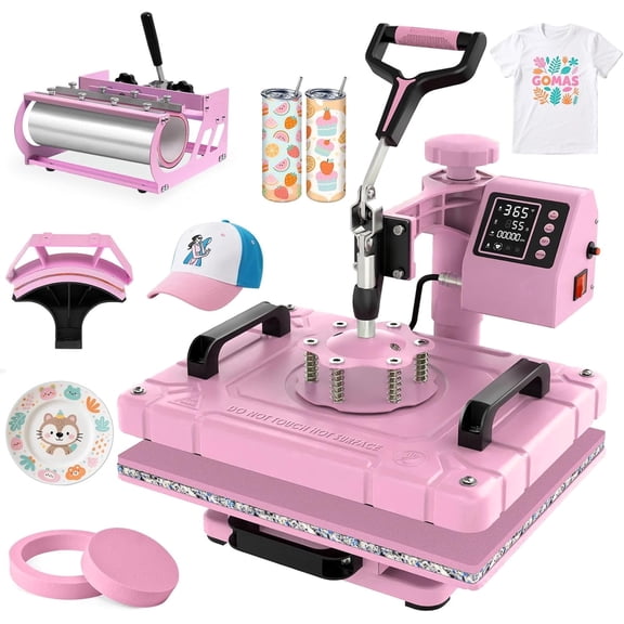 DKMOCO 5-in-1 Heat Press Machine, 12''x15'' Heat Transfer Sublimation with 30oz Tumbler Press, 360° Swing Away, Teflon-Coated Heat Plate, LED Digital Temp Control for Mugs Plate Shirt Cap, Pink