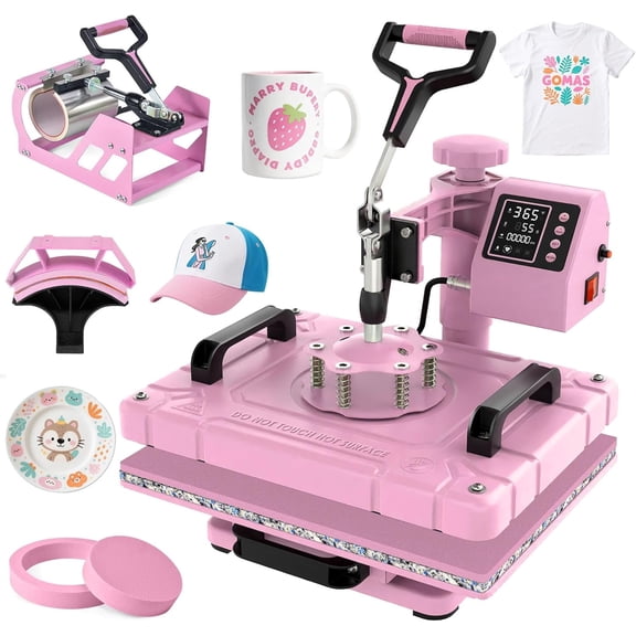 DKMOCO 5-in-1 Heat Press Machine, 12''x15'' Heat Transfer Sublimation with Teflon-Coated Heat Plate, 360° Swing Away, LED Digital Precise Temp Control for Mugs Shirt Hat Plate Cap, Pink