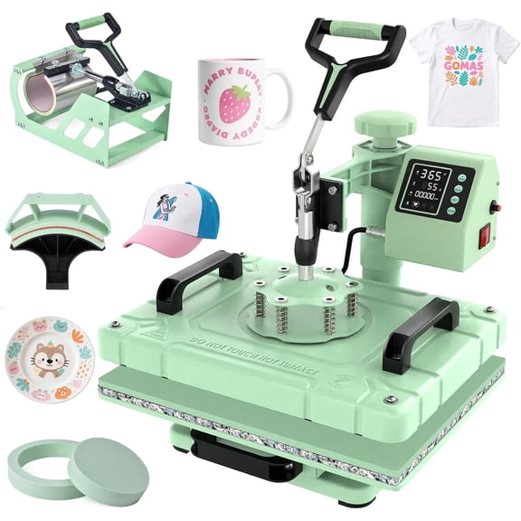 DKMOCO 5-in-1 Heat Press Machine, 12''x15'' Heat Transfer Sublimation with Teflon-Coated Heat Plate, 360 Swing Away, LED Digital Precise Temp Control for Mugs Shirt Hat Plate Cap, Green