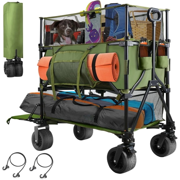 DKMOCO 550L XXL Foldable Wagons Carts, 54" Extra Length Double Deck Wagon Cart with Tailgate, 550lbs Load Utility Grocery Cart for Camping,Sports,Beach, Green