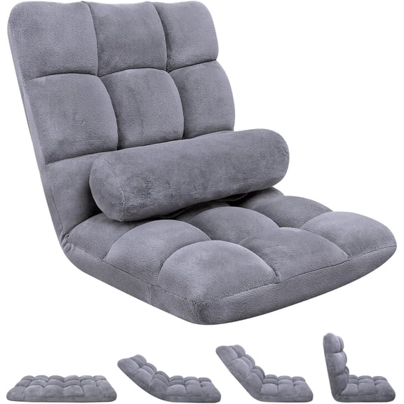 DKMOCO 6-Poistion Adjustable Floor Chair with Back Support, Folding Padded Floor Gaming Chair, for Meditation, Sleeping, Reading, Gaming, Grey