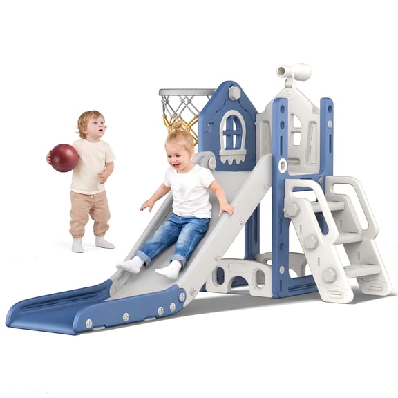 DKMOCO 6-in-1 Toddler Slide, Climber Slide PlaySet with Basketball Hoop, Telescope & Anti-Slip Pads, Indoor Outdoor Playground Age 1-3, Blue Gray