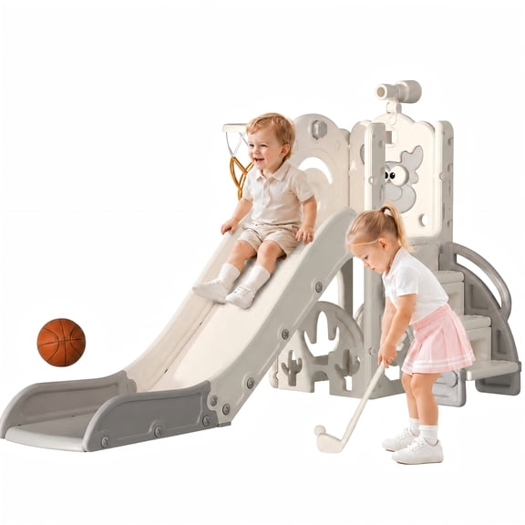 DKMOCO 6-in-1 Toddler Slide Playset, Indoor Outdoor Climber and Slide with Basketball Hoop, Golf Game, Telescope and Storage, Safe HDPE Plastic Playground for Kids Ages 1-3, Gray White