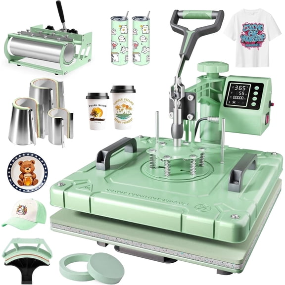 DKMOCO 8 in 1 Heat Press Machine with 30OZ Tumbler press, 15"x15" 360-Degree Swing Away Digital Heat Transfer Sublimation for Mugs Hat Plate Cap T Shirts,Green