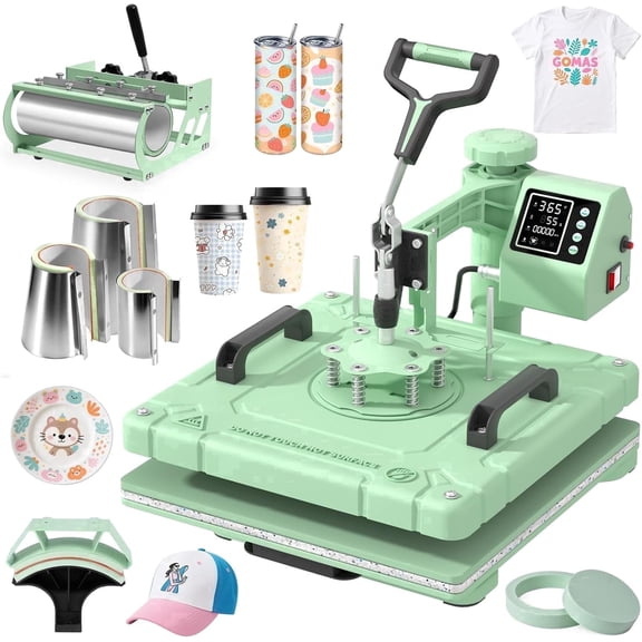 DKMOCO 8-in-1 Heat Press Machine, 15''x15'' Heat Transfer Sublimation with 30oz Tumbler Press, 360° Swing Away, LED Digital Temp Control, Teflon-Coated Heat Plate for Mugs Hat Plate Cap DIY, Green