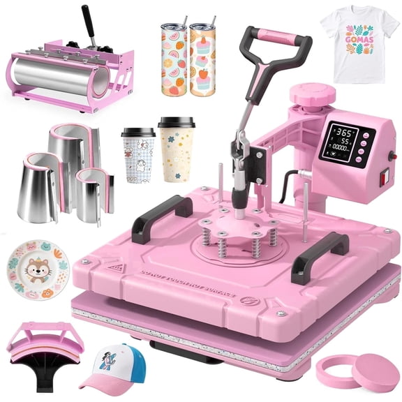 DKMOCO 8-in-1 Heat Press Machine, 15''x15'' Heat Transfer Sublimation with 30oz Tumbler Press, 360° Swing Away, LED Digital Temp Control, Teflon-Coated Heat Plate for Mugs Hat Plate Cap DIY, Pink