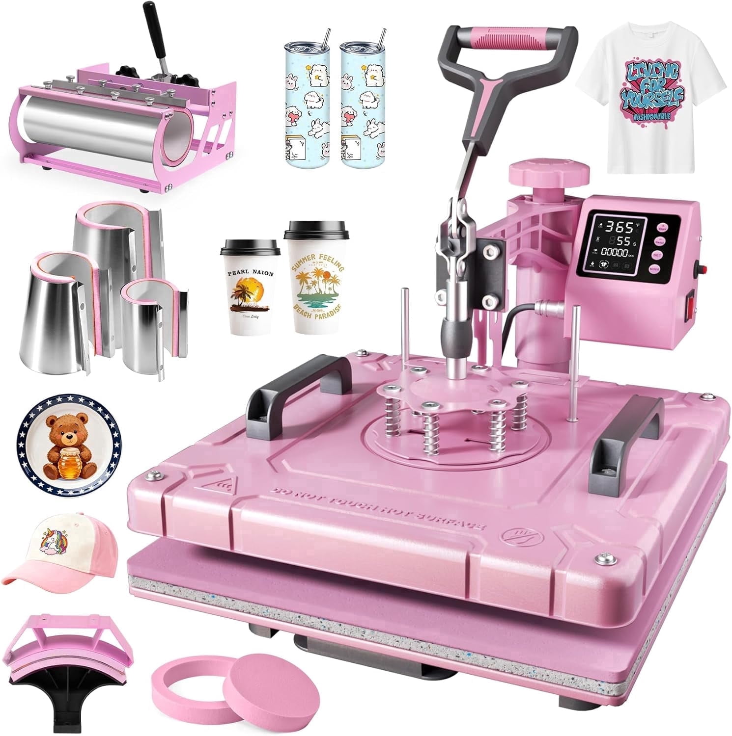 DKMOCO 8 in 1 Heat Press Machine with 30OZ Tumbler press, 15"x15" 360-Degree Swing Away Digital Heat Transfer Sublimation for Mugs Hat Plate Cap T Shirts,Pink