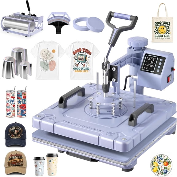DKMOCO 15''x15'' Heat Press, 8-in-1 Digital Shirt Press Machine Heat Transfer Sublimation with 30oz Tumbler Press, Teflon-Coated Heat Plate, 360° Swing Away for Mugs Hat Plate Cap, Lavender