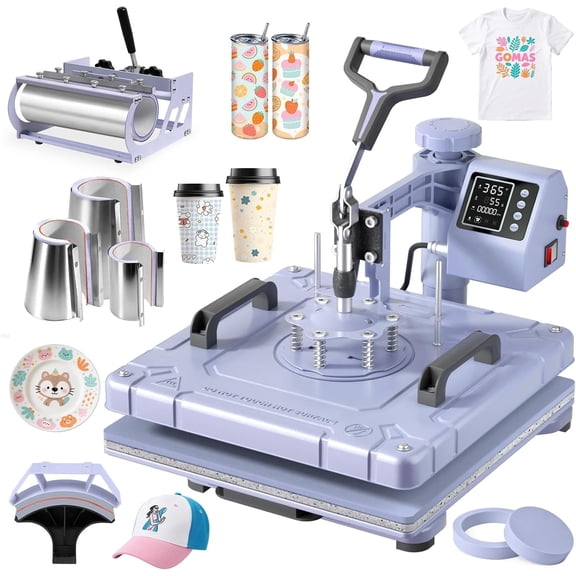 DKMOCO 8-in-1 Heat Press Machine, 15''x15'' Heat Transfer Sublimation with 30oz Tumbler Press, 360° Swing Away, LED Digital Temp Control, Teflon-Coated Heat Plate for Mug Shirt Cap DIY, Lavender