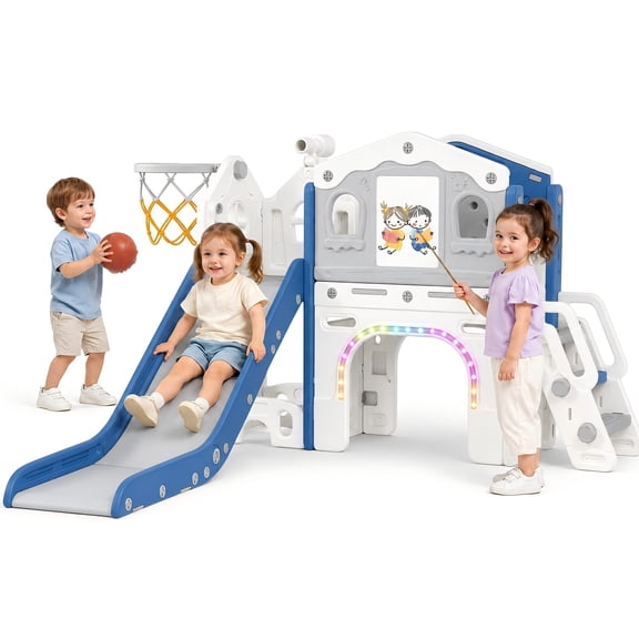 DKMOCO 9 in 1 Toddler Slide Set, Baby Slide for Kids 1-3 with LED Lights, Drawing Board and Building Blocks Board, Indoor Outdoor Playset Playground, Blue Gray
