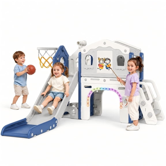 DKMOCO 9-in-1 Toddler Slide Playset for Kids 1-3, LED Lights, Drawing Board, Building Blocks, Indoor Outdoor Playground, Blue Gray