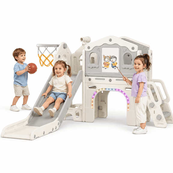 DKMOCO 9 in 1 Toddler Slide Set, Baby Slide for Kids 1-3 with LED Lights, Drawing Board and Building Blocks Board, Indoor Outdoor Playset Playground, White Gray
