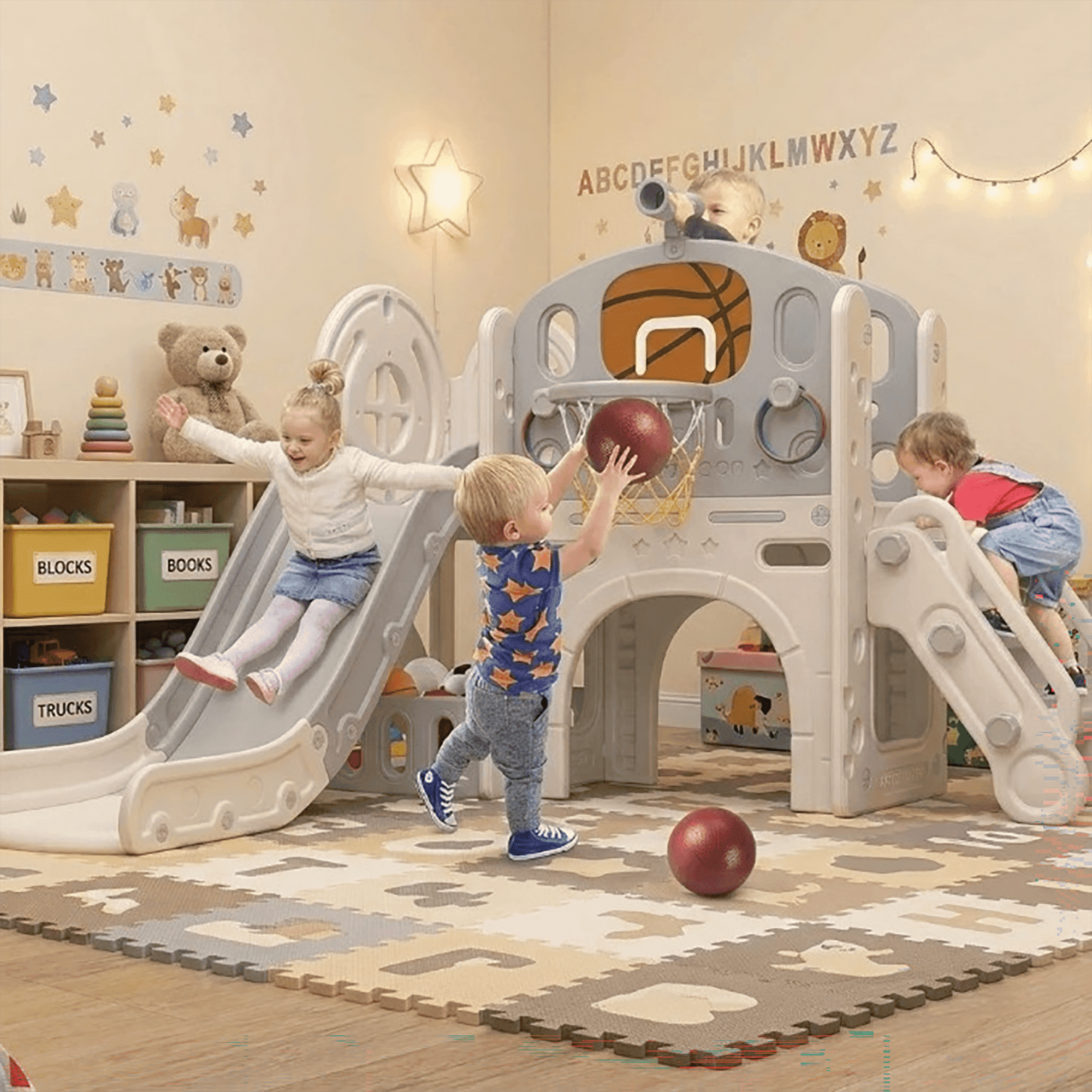 DKMOCO 9 in 1 Toddler Slide, Baby Slide for kids Age 1-3, with Basketball and Hoop, Indoor Outdoor Playset Playground Beige Gray