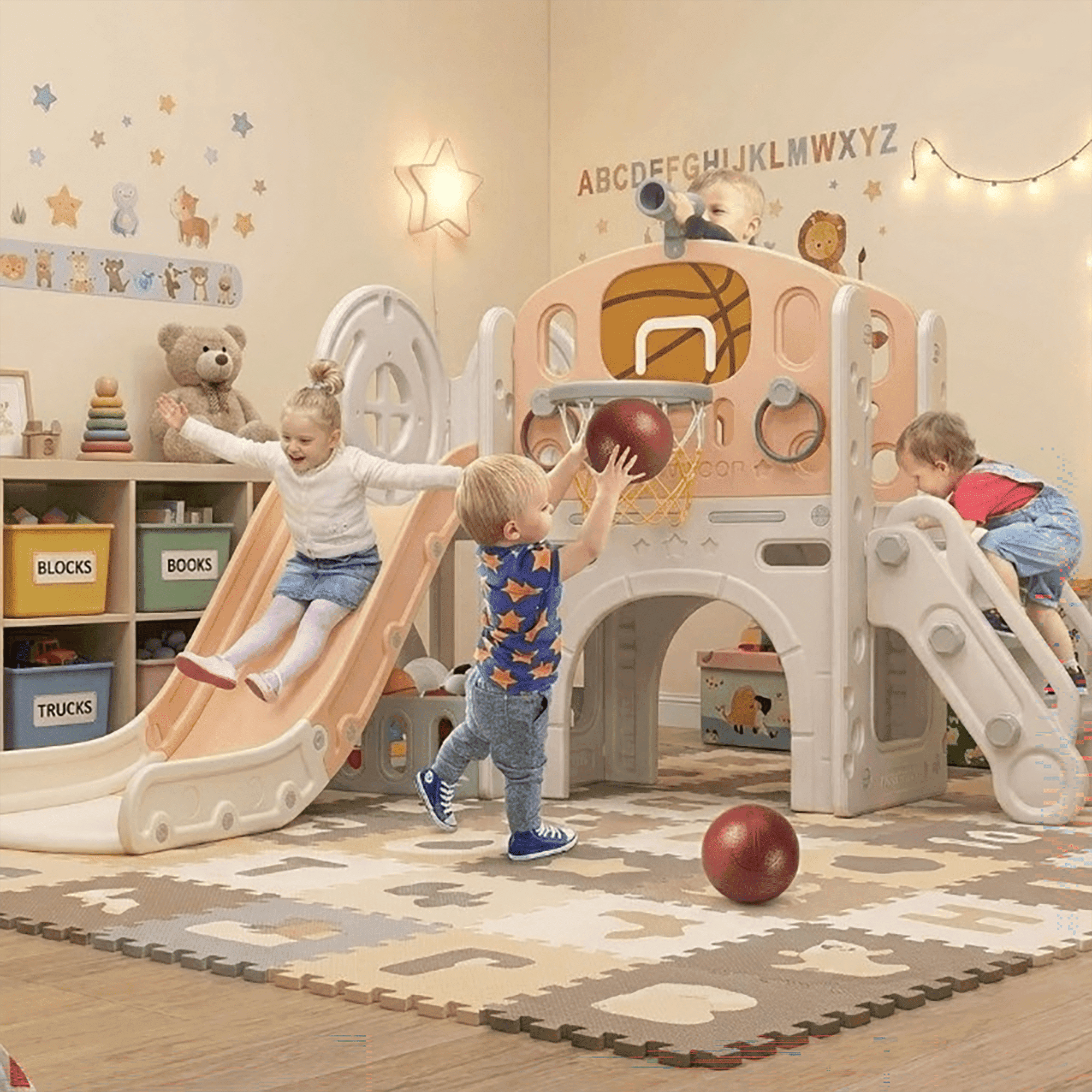 DKMOCO 9 in 1 Toddler Slide, Baby Slide for kids Age 1-3, with Basketball and Hoop, Indoor Outdoor Playset Playground Beige Coffee