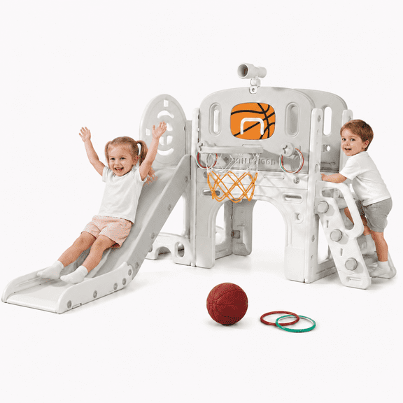 DKMOCO 9-in-1 Toddler Slide, Climber Slide PlaySet with Basketball Hoop, Ring Toss, Telescope , Indoor Outdoor Playset Playground, Beige Gray