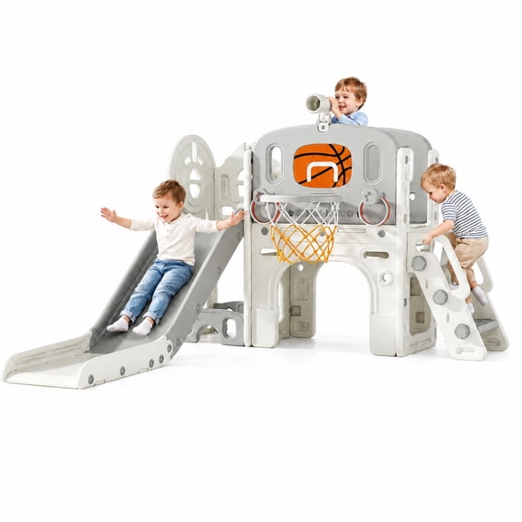 DKMOCO 9-in-1 Toddler Slide, Climber Slide PlaySet with Basketball Hoop, Ring Toss, Telescope , Indoor Outdoor Playset Playground, Beige Gray